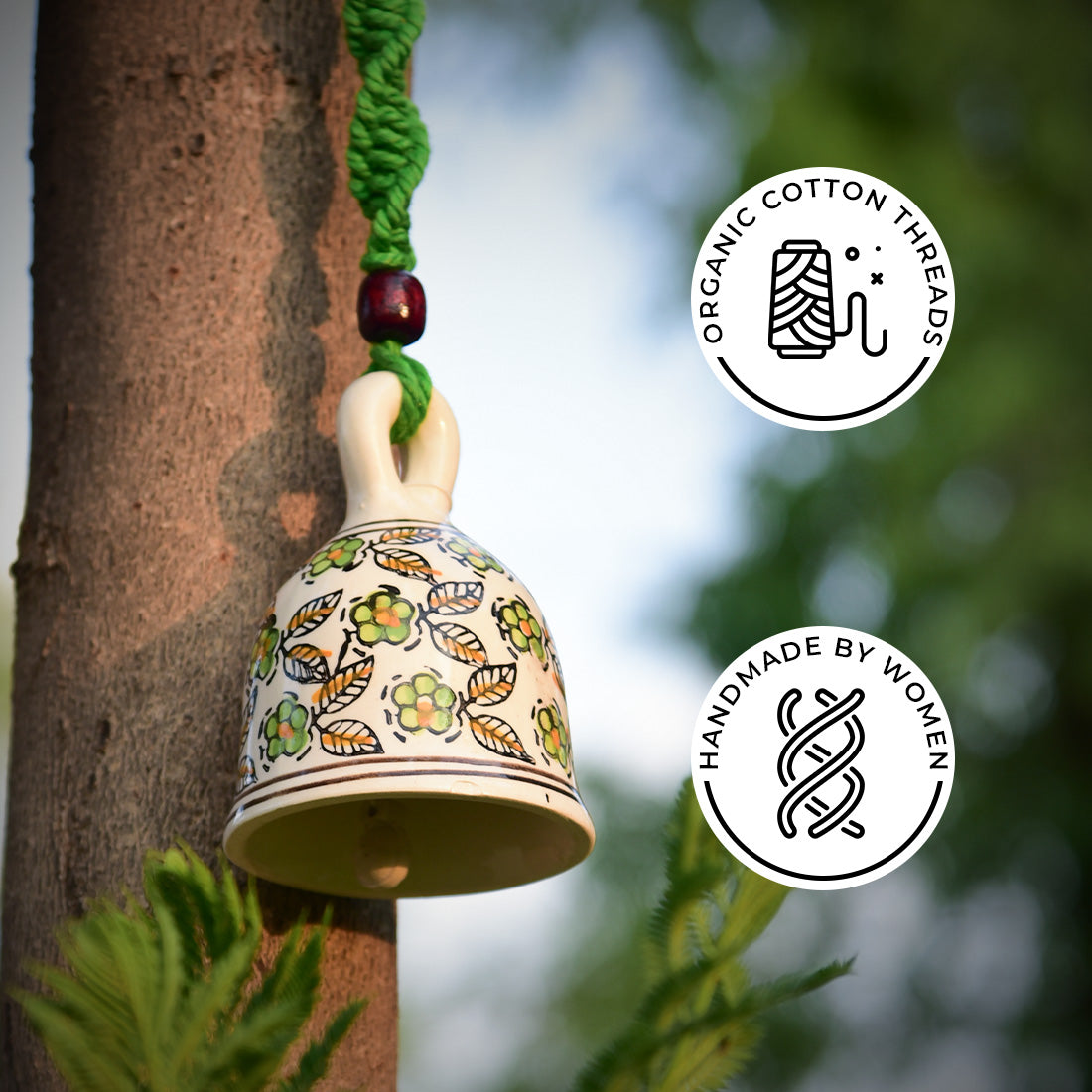 Green Handmade Macrame Ceramic Bells Bohemian Home Wall Décor (Hook not included)