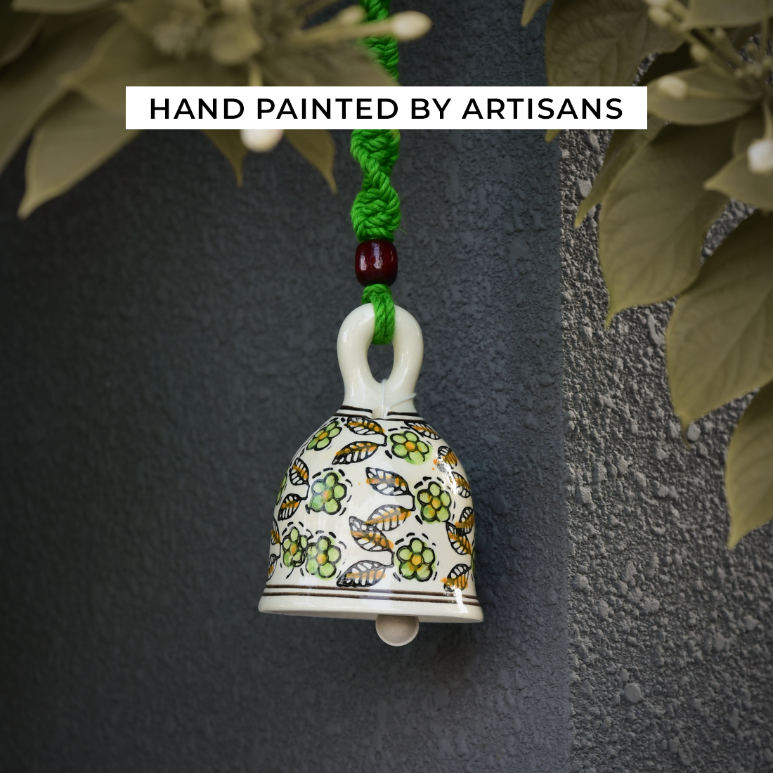 Green Handmade Macrame Ceramic Bells Bohemian Home Wall Décor (Hook not included)