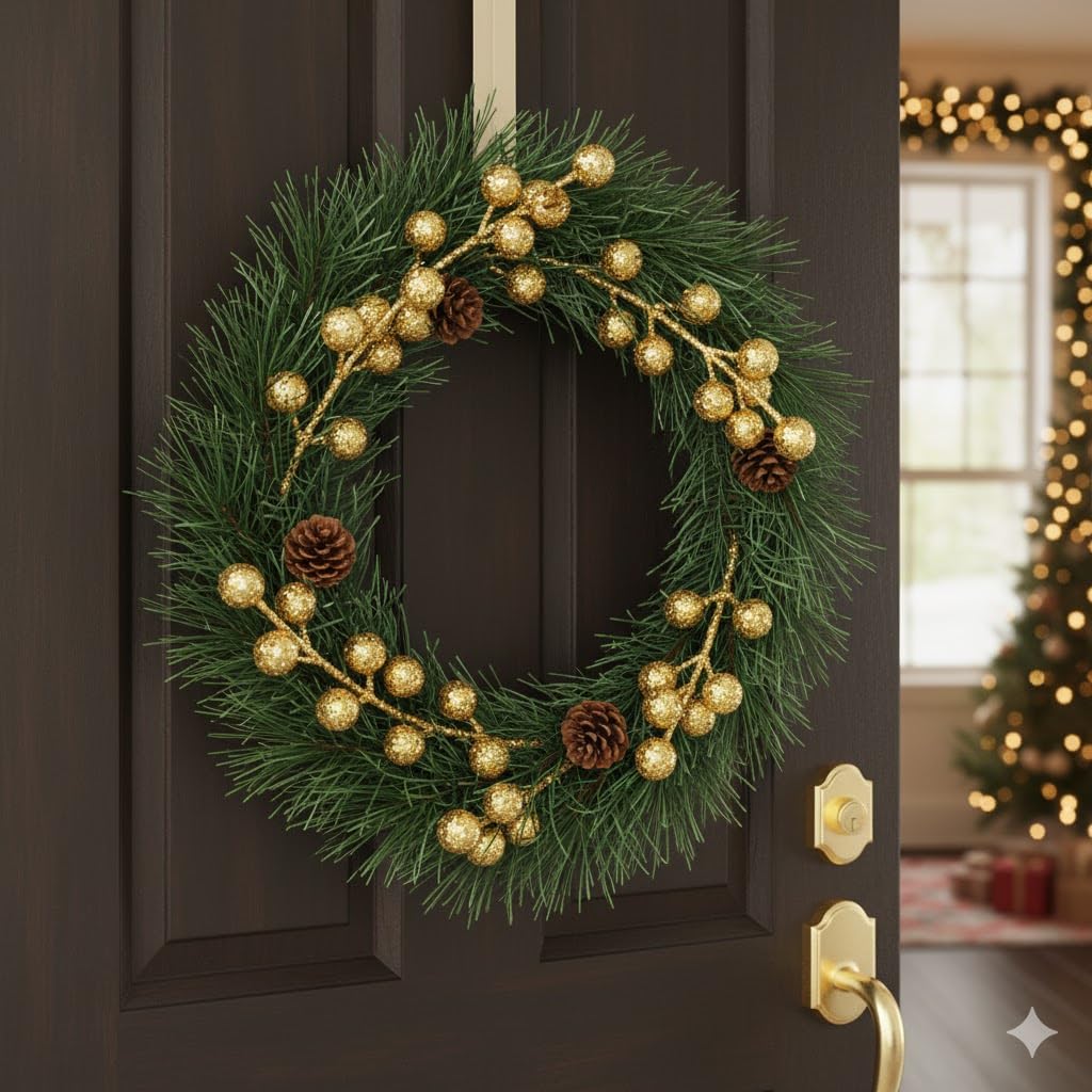 Green Merry Christmas Wreath with Golden Balls Flowers | Wreaths for Front Door Garland | Xmas Gifts Ornaments Props | Merry Christmas Decorations Items for Home