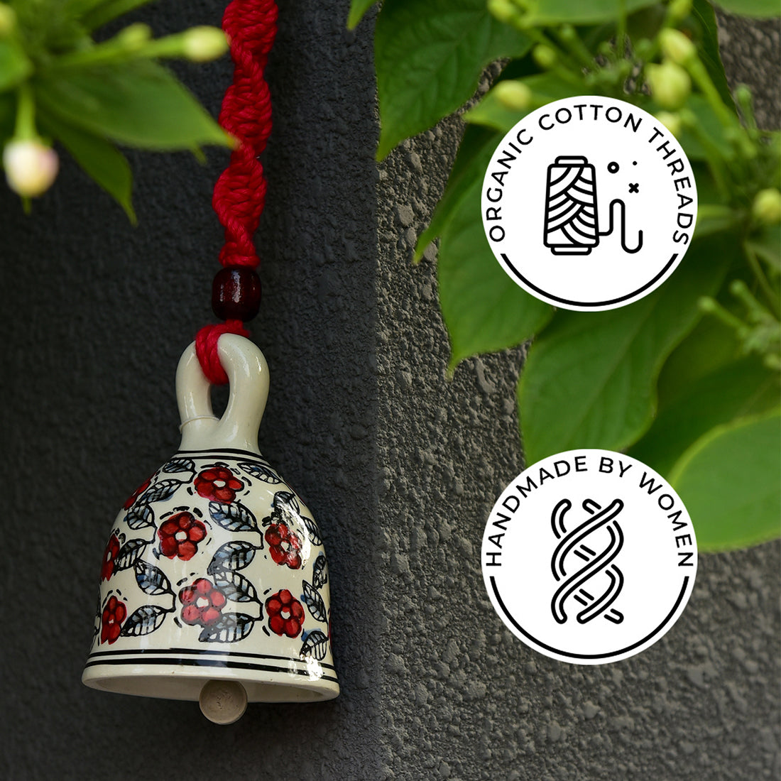 Red Handmade Macrame Ceramic Bells Bohemian Home Wall Décor