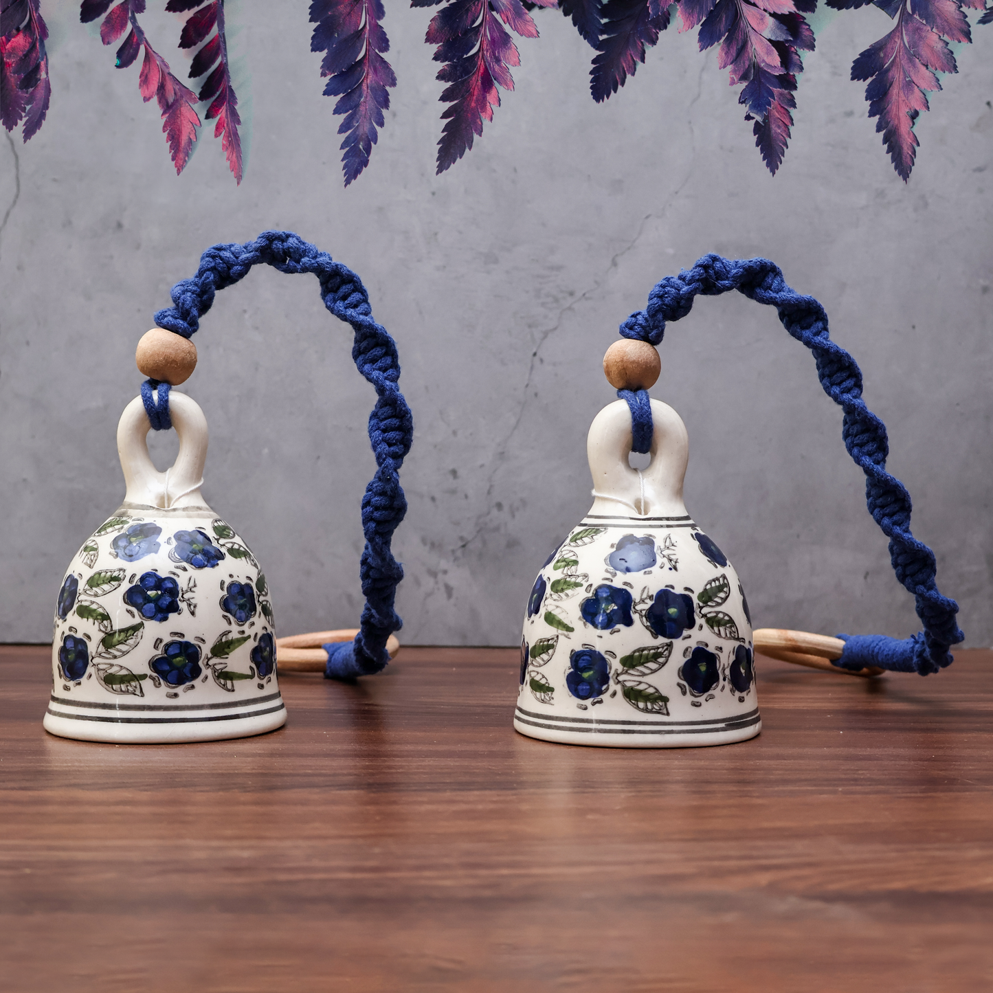 Blue Handmade Macrame Ceramic Bells Bohemian Home Wall Décor