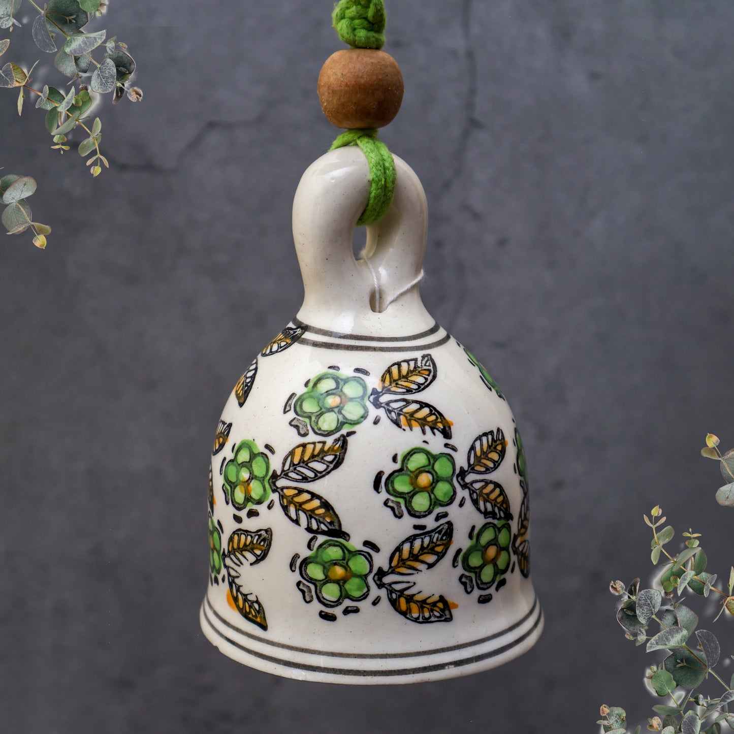 Green Handmade Macrame Ceramic Bells Bohemian Home Wall Décor (Hook not included)