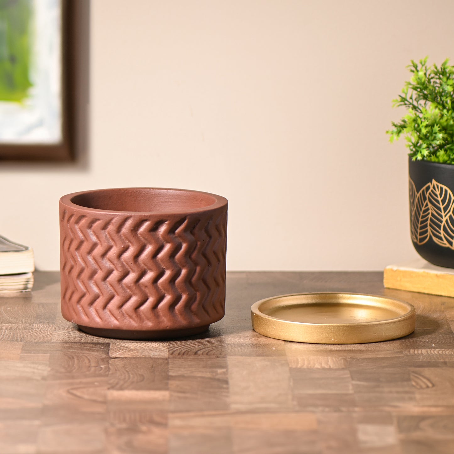 Brown Room/Table Planter with Golden Tray, Handcrafted Terracotta Planter (Plant not included)