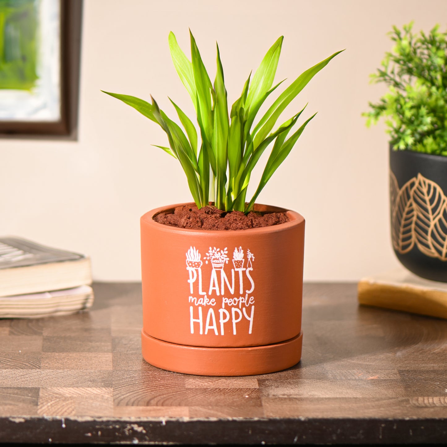 Plants Make People Happy small Table Planter with Tray, Handcrafted Terracotta (Plant not included)