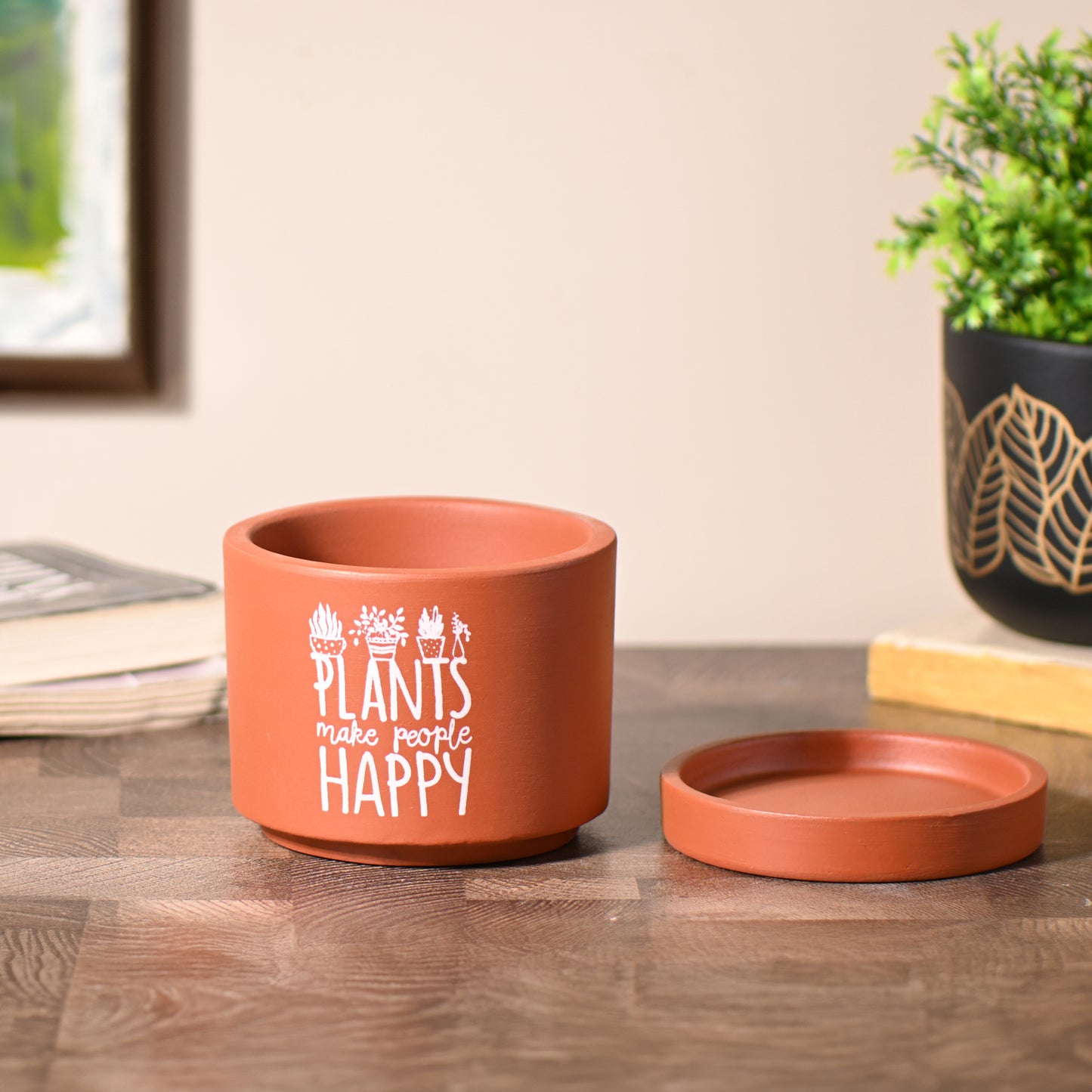Plants Make People Happy small Table Planter with Tray, Handcrafted Terracotta (Plant not included)