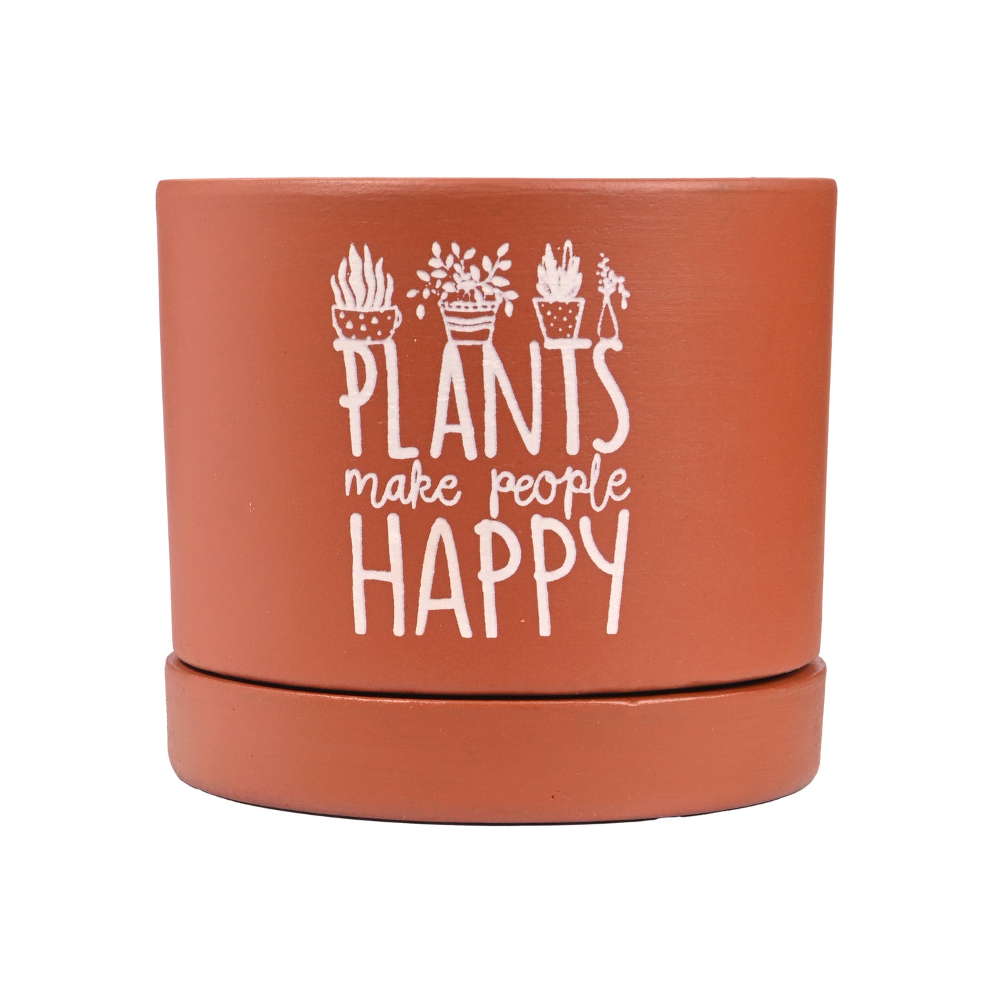 Plants Make People Happy small Table Planter with Tray, Handcrafted Terracotta (Plant not included)