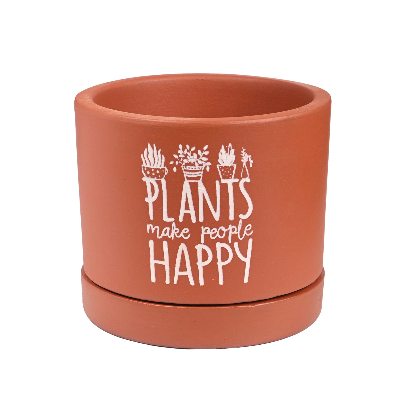 Plants Make People Happy small Table Planter with Tray, Handcrafted Terracotta (Plant not included)