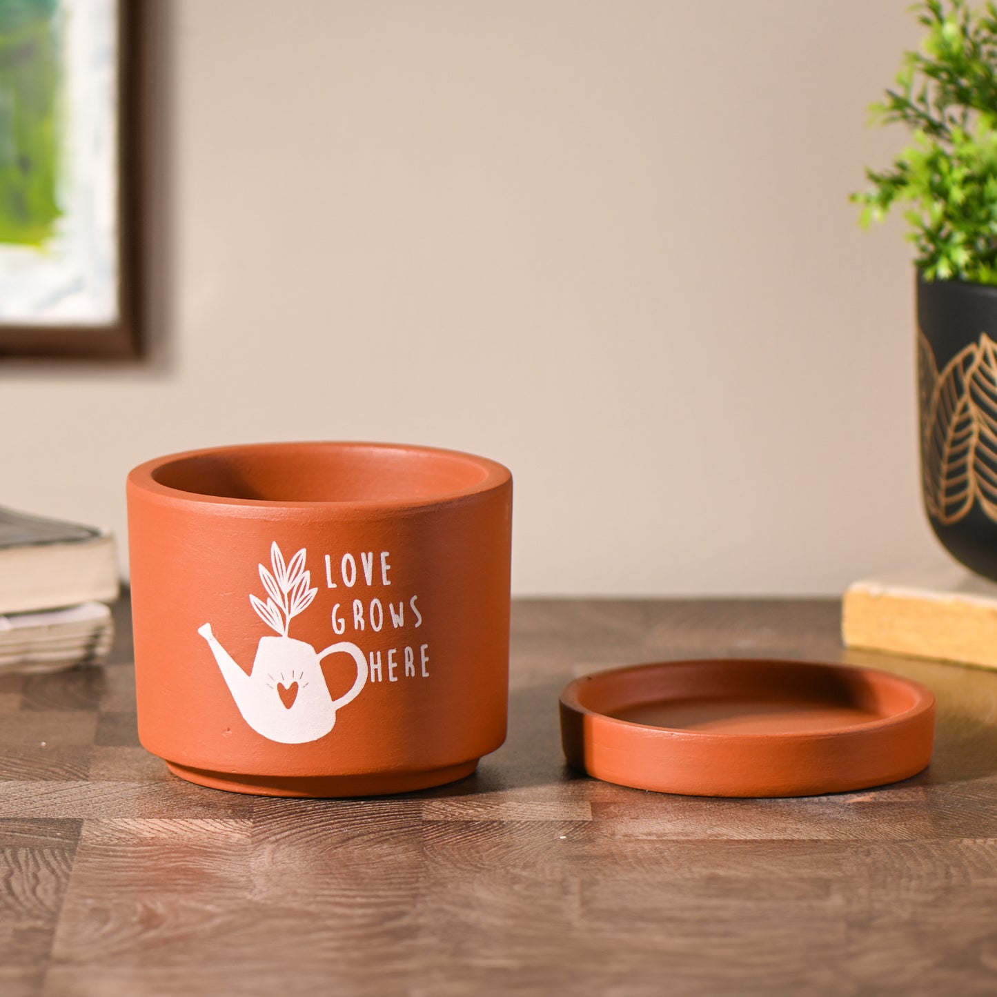 Love Grows here small Room Planter with Tray, Handcrafted Terracotta Planter (Plant not included)