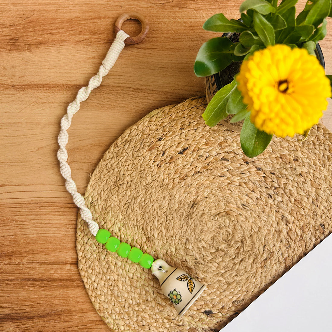 Small Temple Bell Ceramic Macrame Bells with Wooden Beads
