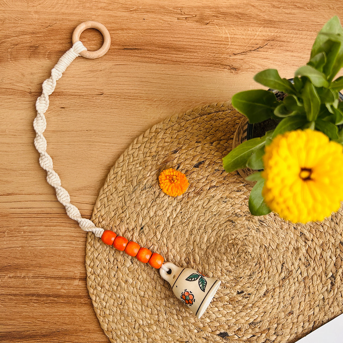 Small Temple Bell Ceramic Macrame Bells with Wooden Beads