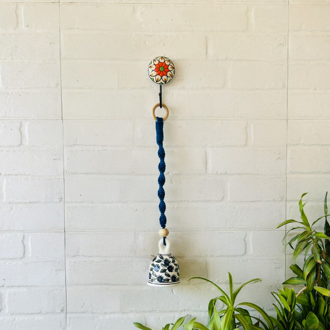 Blue Handmade Macrame Ceramic Bells Bohemian Home Wall Decor (Hook not included)