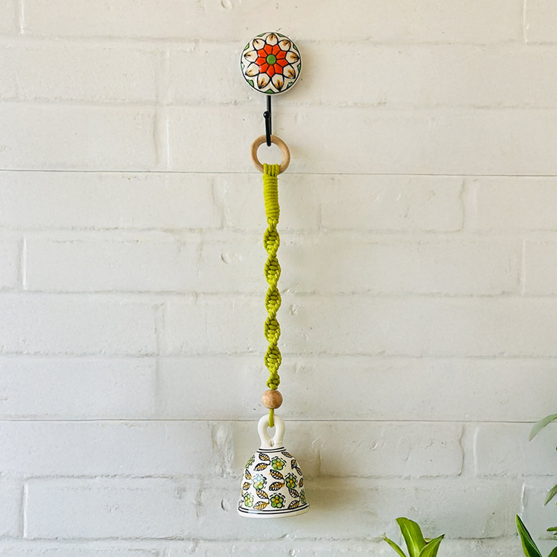 Green Handmade Macrame Ceramic Bells Bohemian Home Wall Décor (Hook not included)