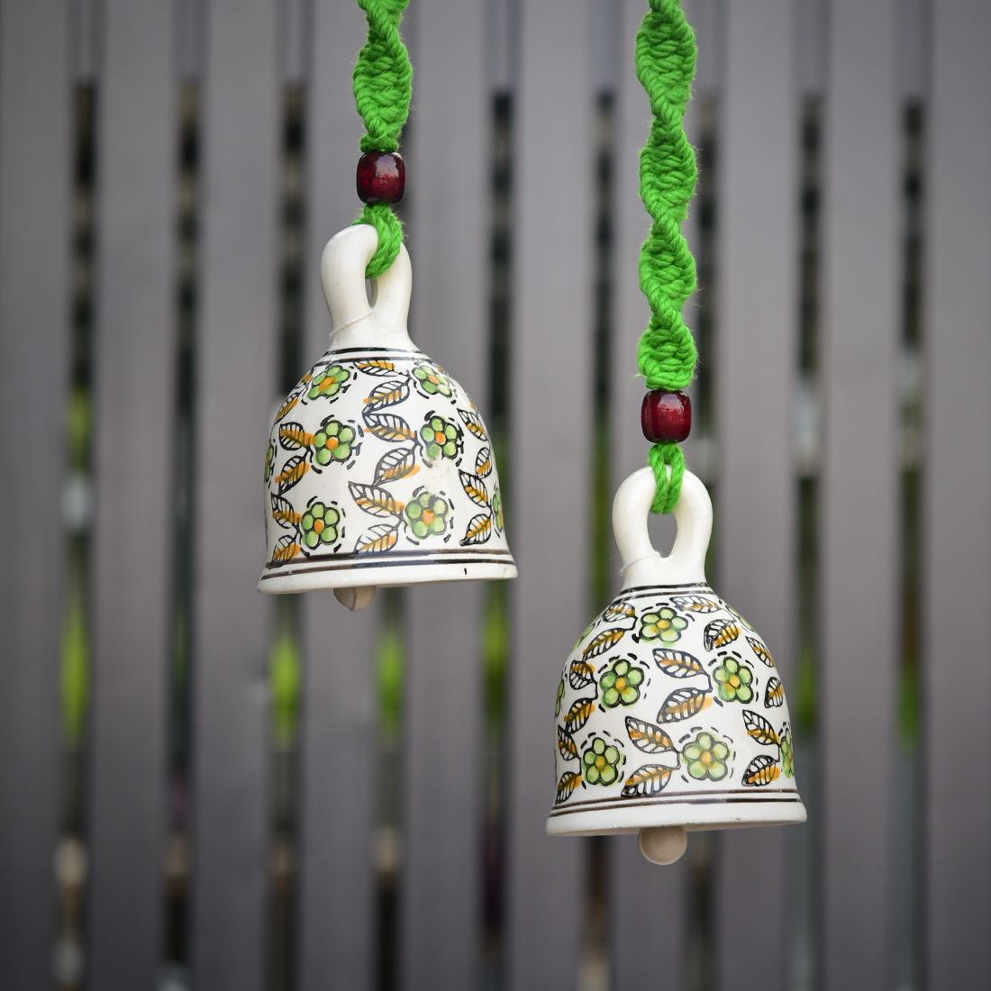 Green Handmade Macrame Ceramic Bells Bohemian Home Wall Décor