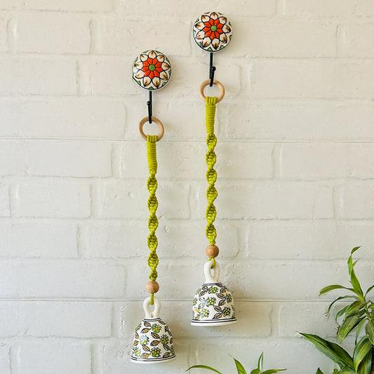 Green Handmade Macrame Ceramic Bells Bohemian Home Wall Décor (Hook not included)