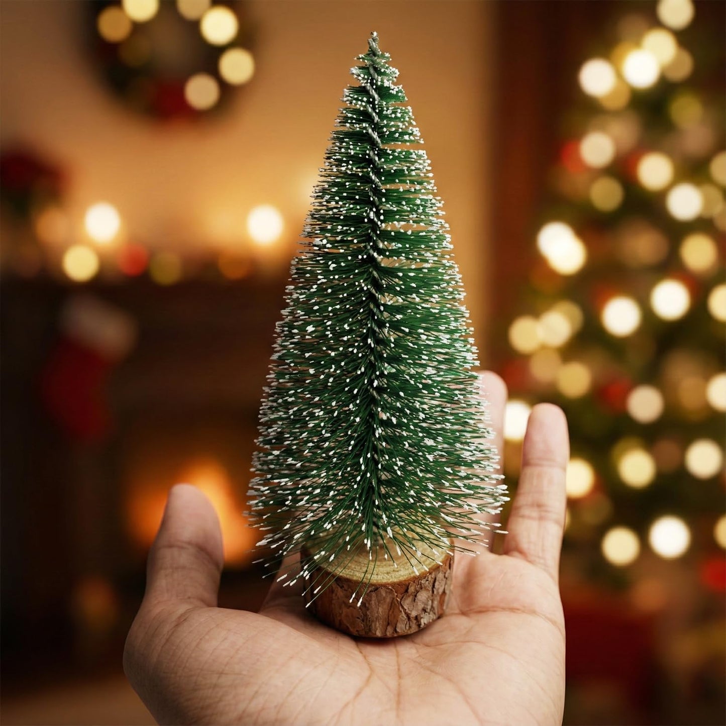 Green Artificial Frosted Bottle Brush Christmas Tree Wooden Base (10Cm, Single Piece) Small Christmas Tree for Table Home Office Church Decor Merry Christmas Decorations Items Christmas Gifts