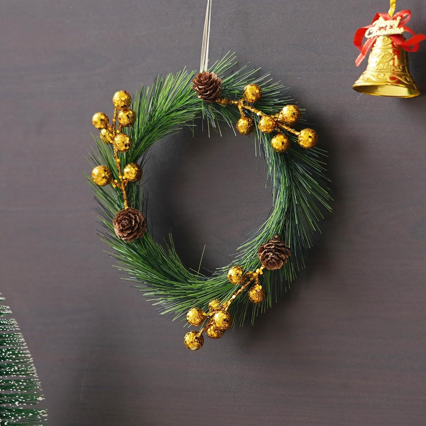 Green Merry Christmas Wreath with Golden Balls Flowers | Wreaths for Front Door Garland | Xmas Gifts Ornaments Props | Merry Christmas Decorations Items for Home