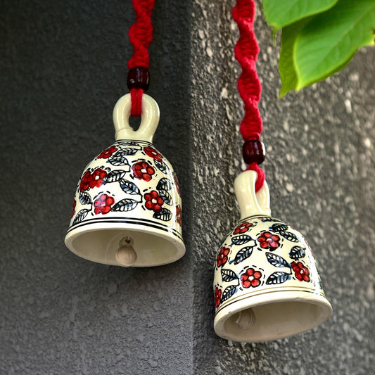 Red Handmade Macrame Ceramic Bells Bohemian Home Wall Décor