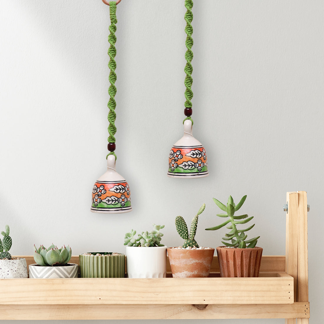 Green Handmade Macrame Ceramic Bells Bohemian Home Wall Décor