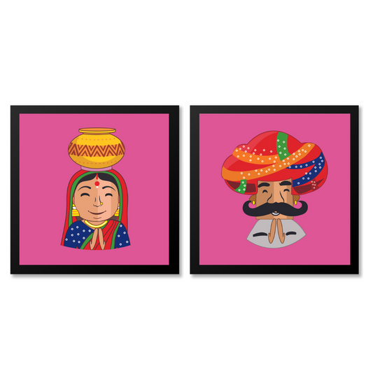 Rajasthani Desi Couple Pink Poster Frame Set of 2