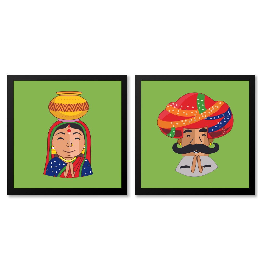 Rajasthani Desi Couple Green Poster Frame Set of 2