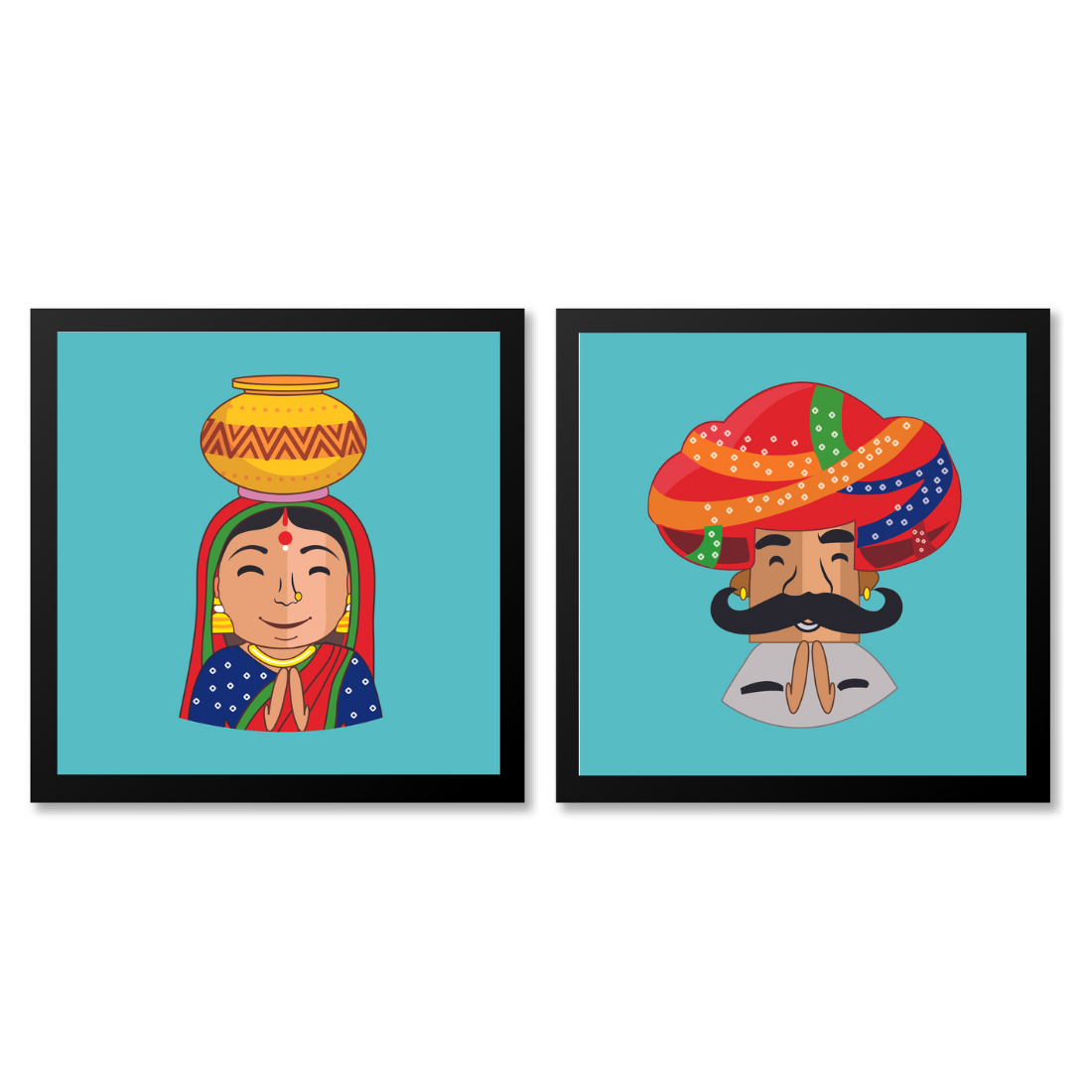 Rajasthani Desi Couple Blue Poster Frame Set of 2