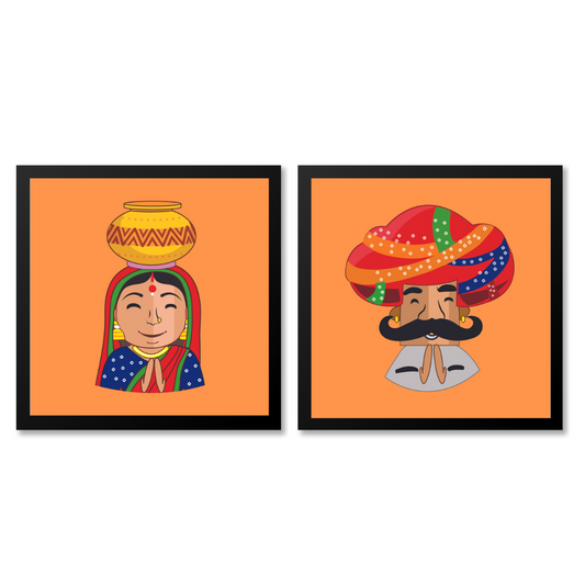 Rajasthani Desi Couple Orange Poster Frame Set of 2