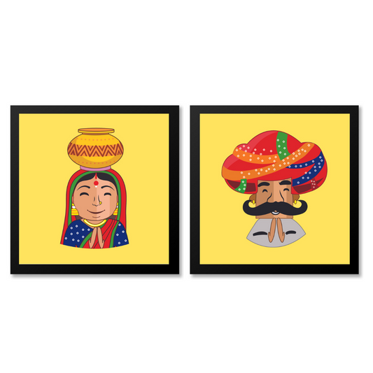 Rajasthani Desi Couple Yellow Poster Frame Set of 2