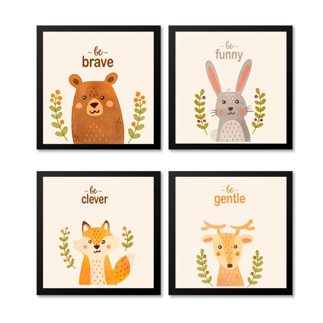 Set of 4 framed poster for Kids Be Brave, Clever, Funny, Gentle