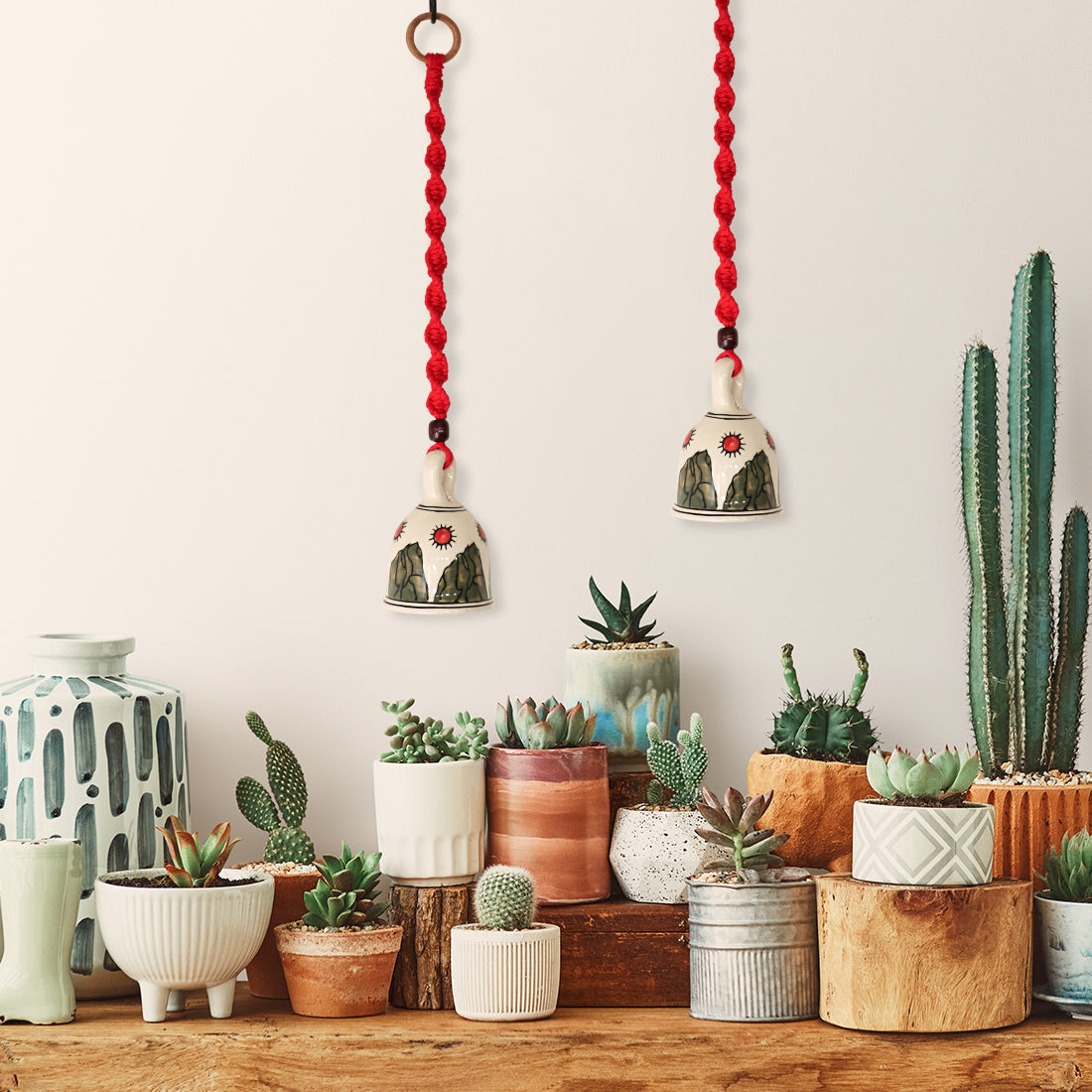 Red Handmade Macrame Ceramic Bells Bohemian Home Wall Décor