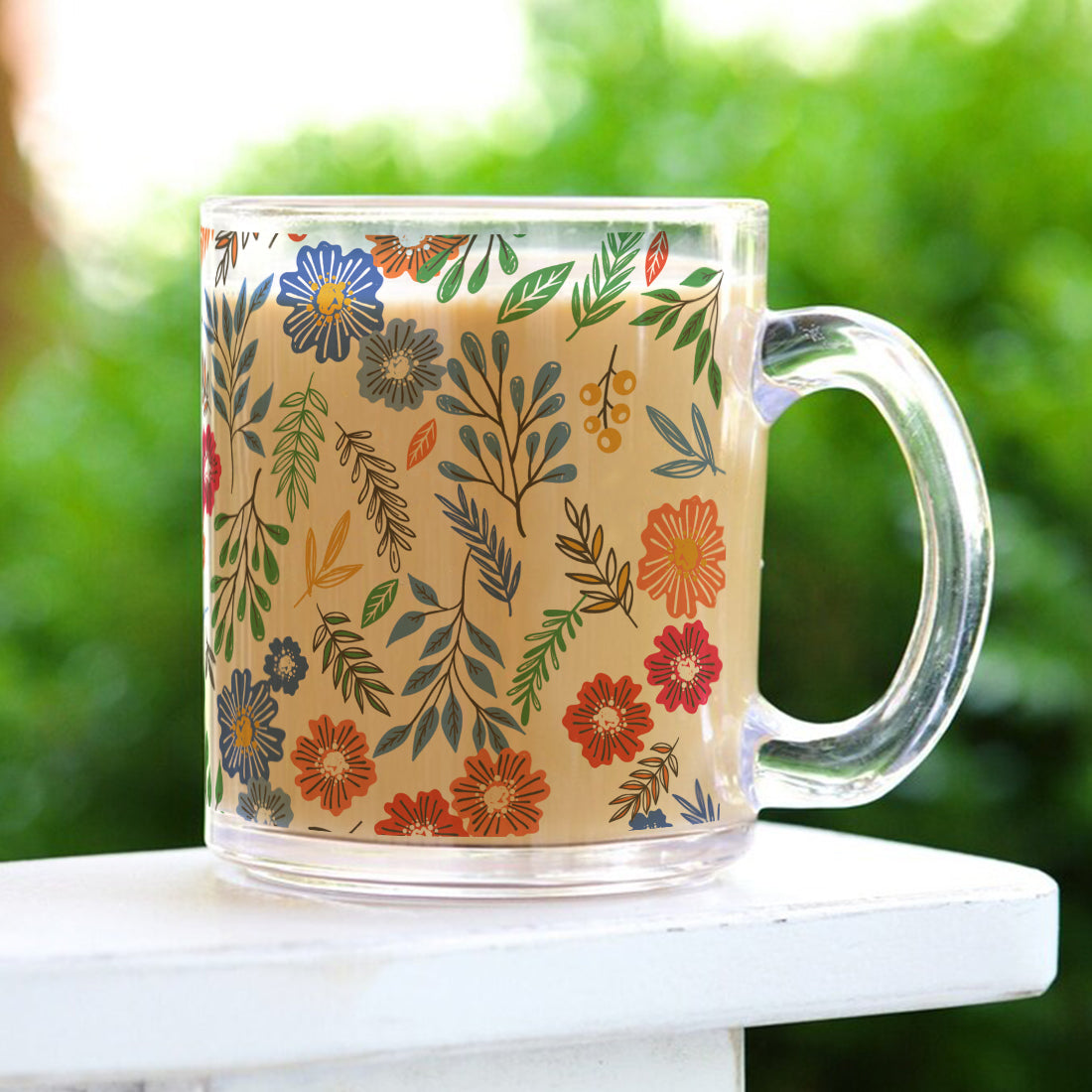 Transparent Coffee Mug Sturdy & Durable Glass mug with Handle - Floral