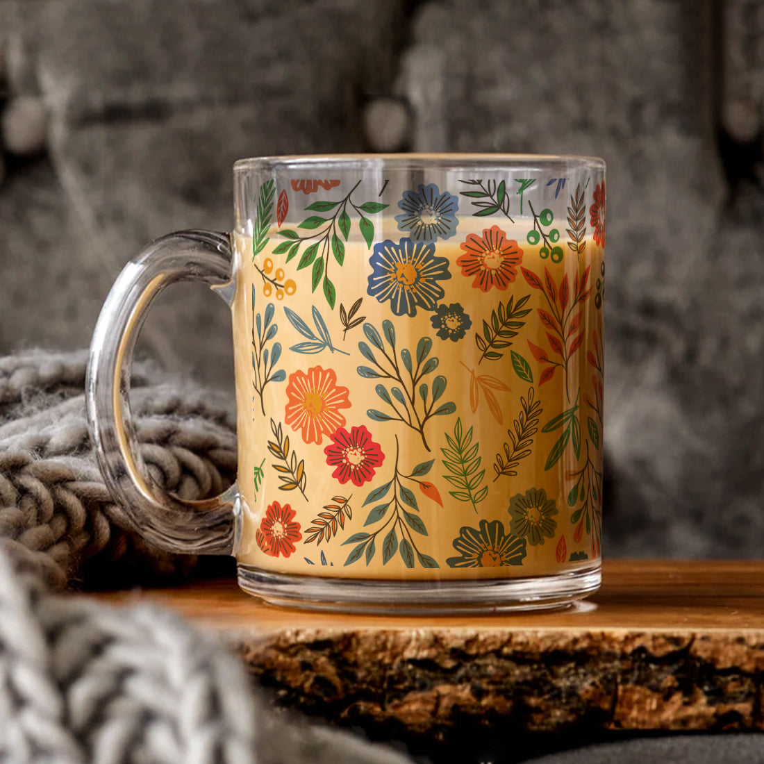 Transparent Coffee Mug Sturdy & Durable Glass mug with Handle - Floral