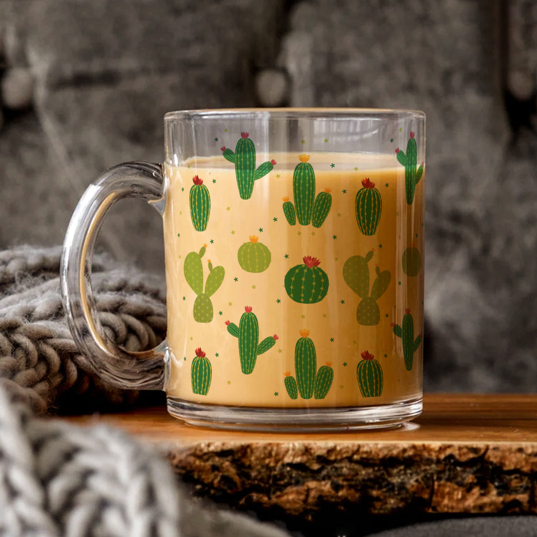 Transparent Coffee Mug Sturdy & Durable Glass mug with Handle - Cactus