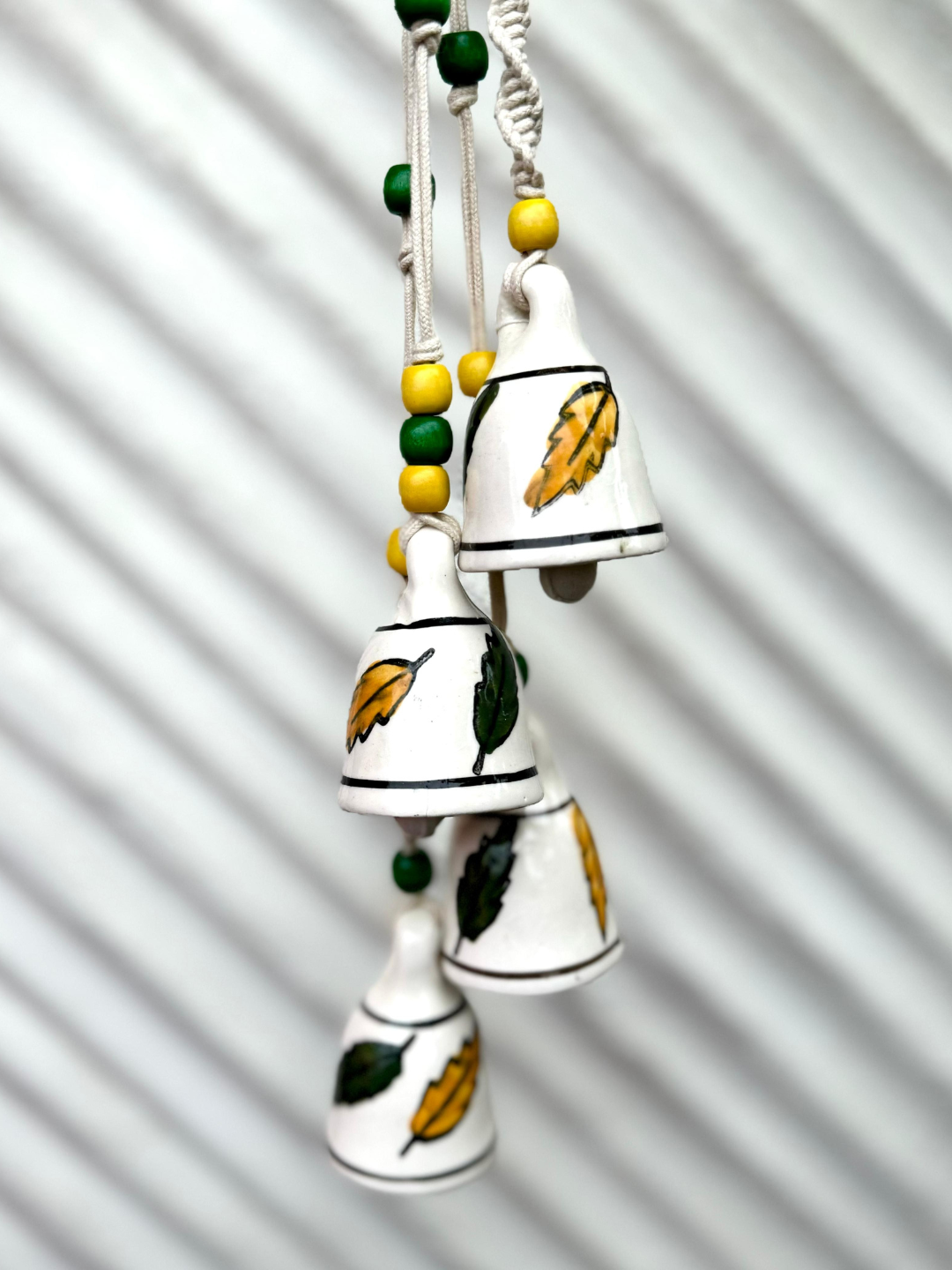 Gathari Macrame Symphony, 4 Mini Ceramic Bells Home Wall Décor Handmade Home Wall Décor, Wind chime