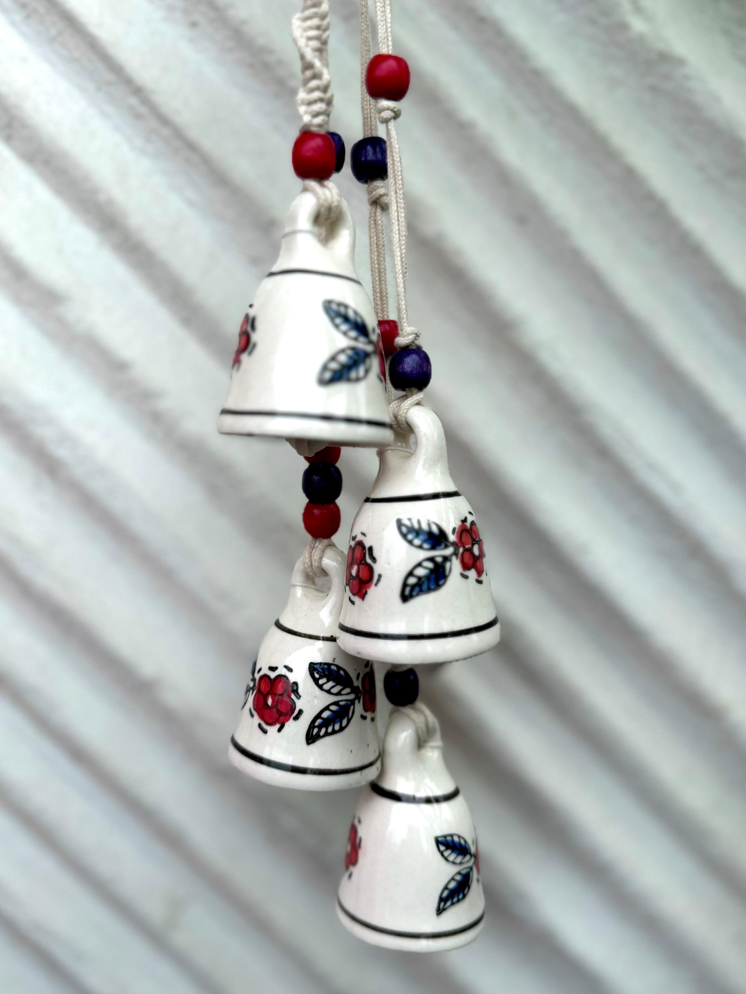 Gathari Macrame Symphony, 4 Mini Ceramic Bells Home Wall Décor Handmade Home Wall Décor, Wind chime