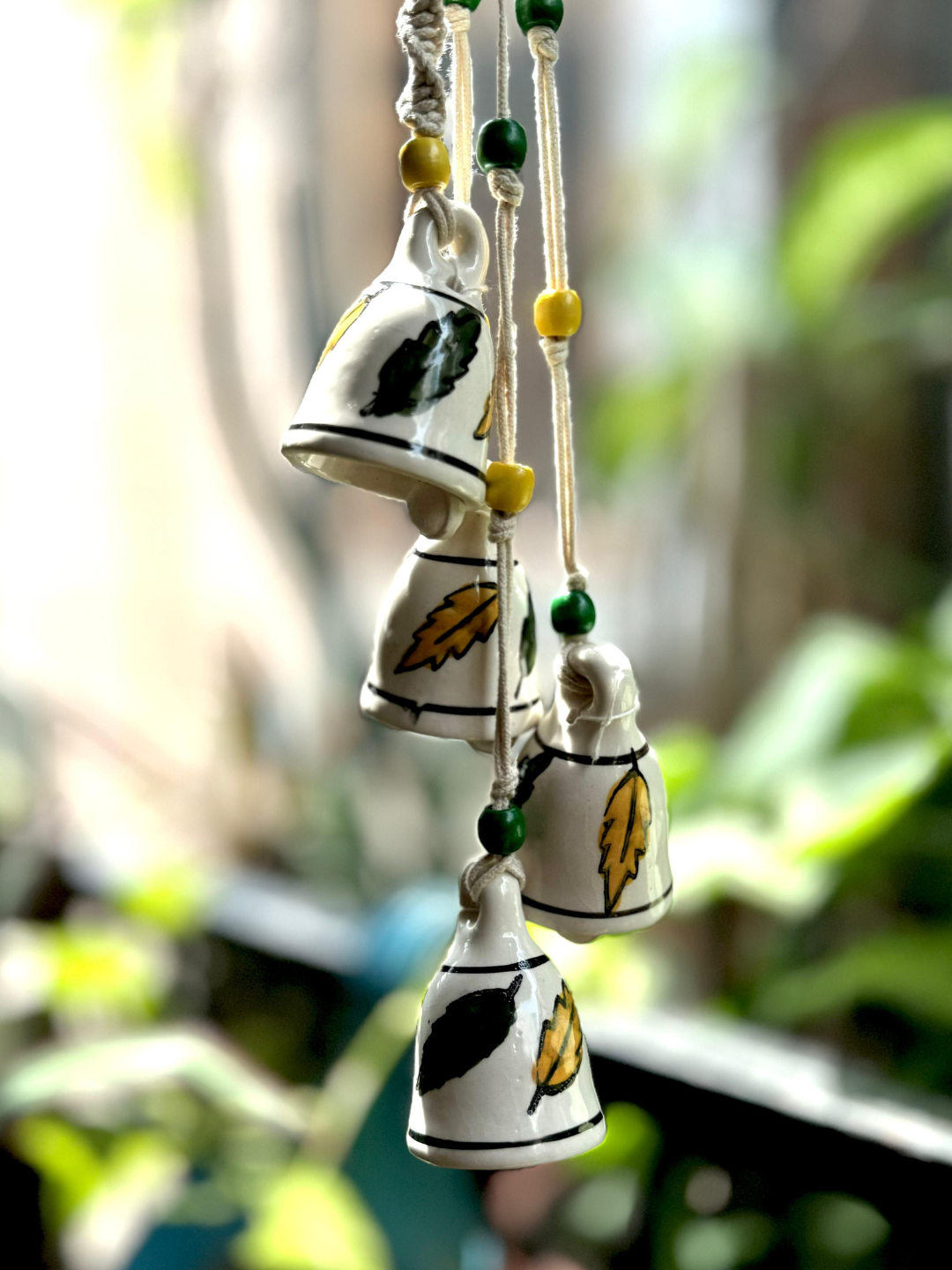 Gathari Macrame Symphony, 4 Mini Ceramic Bells Home Wall Décor Handmade Home Wall Décor, Wind chime