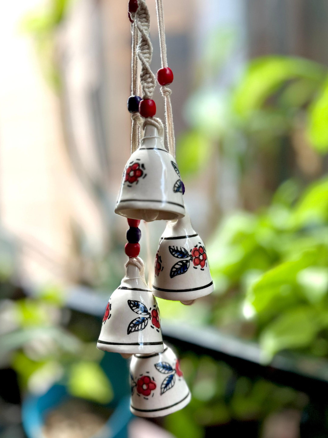 Gathari Macrame Symphony, 4 Mini Ceramic Bells Home Wall Décor Handmade Home Wall Décor, Wind chime