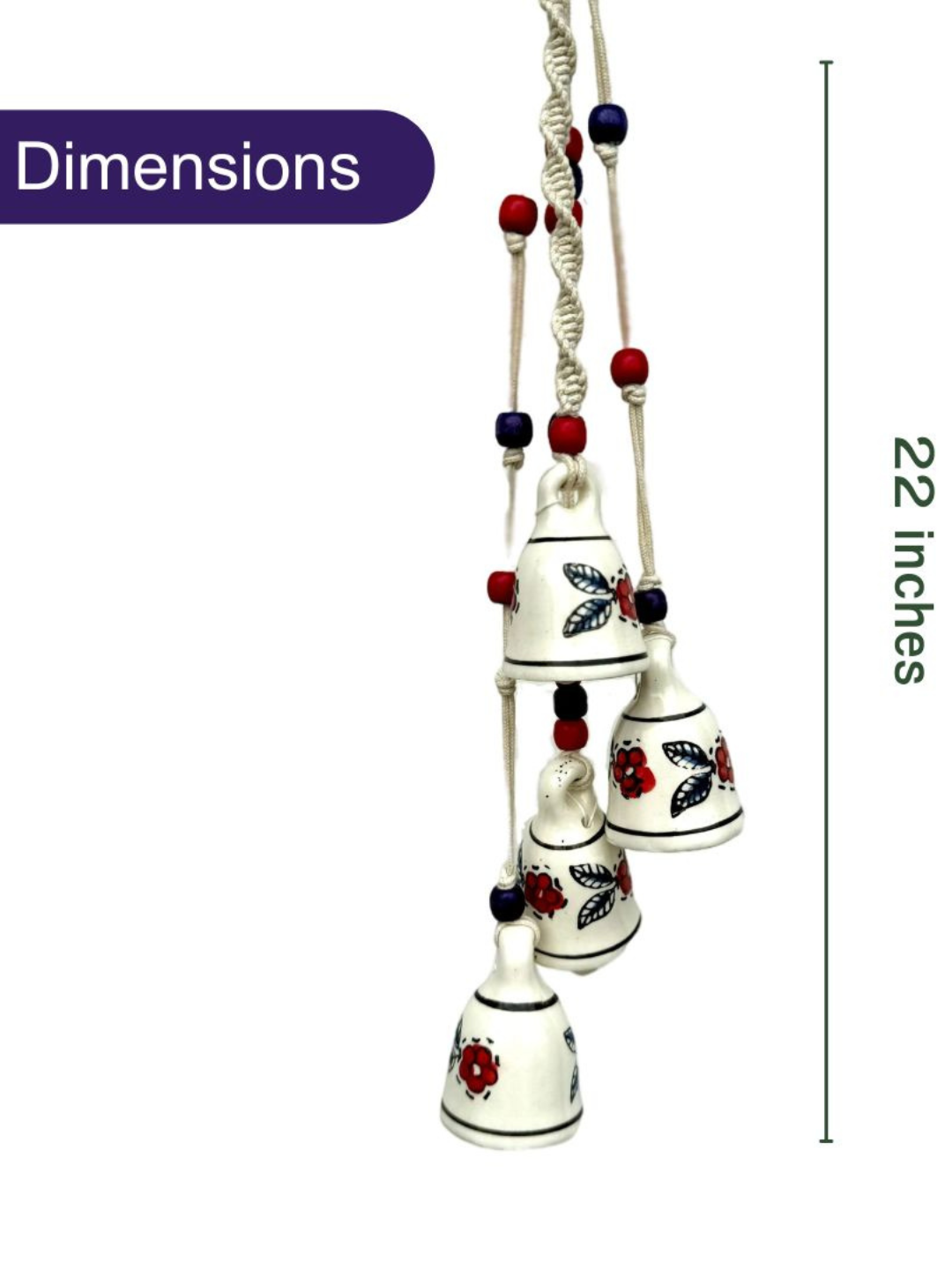 Gathari Macrame Symphony, 4 Mini Ceramic Bells Home Wall Décor Handmade Home Wall Décor, Wind chime