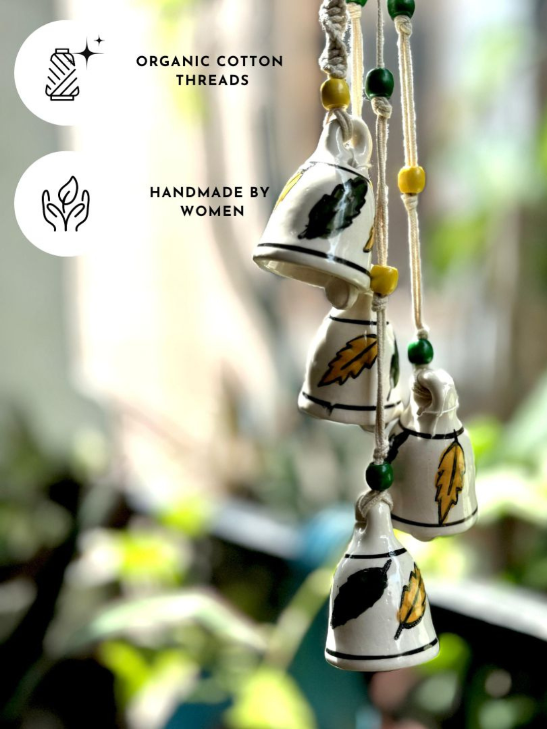 Gathari Macrame Symphony, 4 Mini Ceramic Bells Home Wall Décor Handmade Home Wall Décor, Wind chime