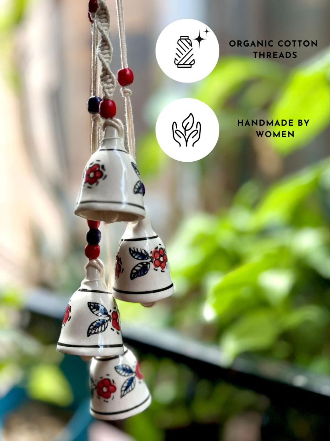 Gathari Macrame Symphony, 4 Mini Ceramic Bells Home Wall Décor Handmade Home Wall Décor, Wind chime