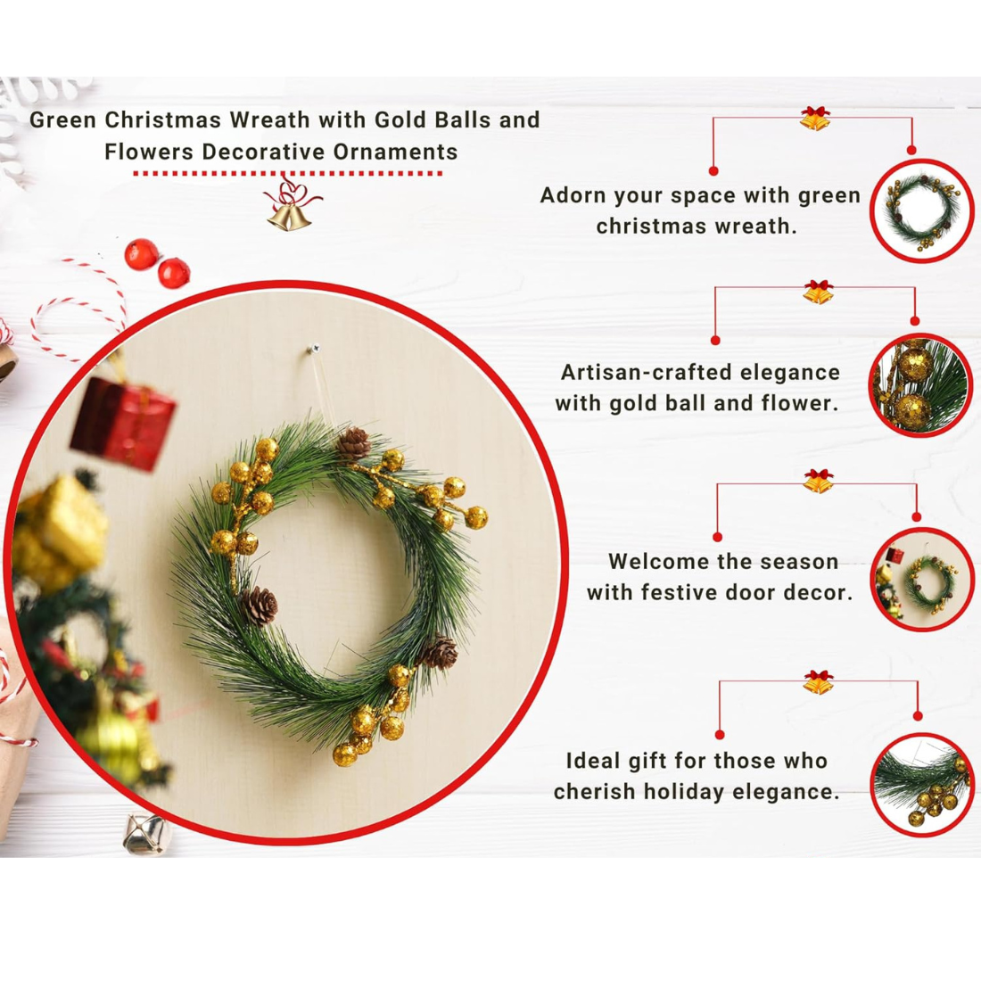 Green Merry Christmas Wreath with Golden Balls Flowers | Wreaths for Front Door Garland | Xmas Gifts Ornaments Props | Merry Christmas Decorations Items for Home