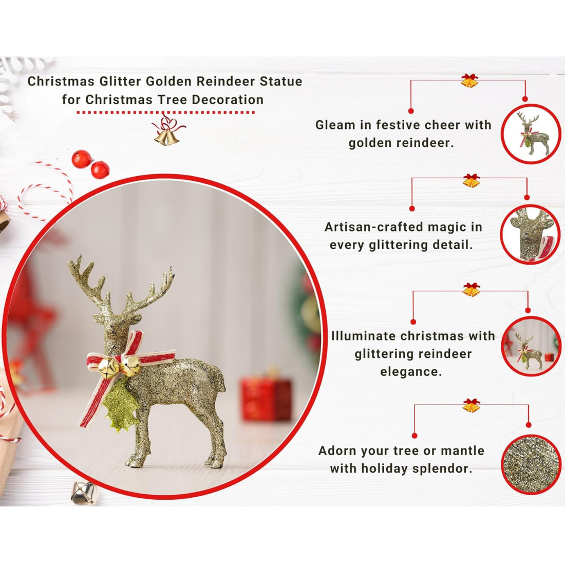 Glitter Golden Reindeer Statue | Christmas Tree Decoration Items | Christmas Hanging Ornaments Props | Xmas Decorations Items for Home Living Room Office Church Décor (Single Piece Only)