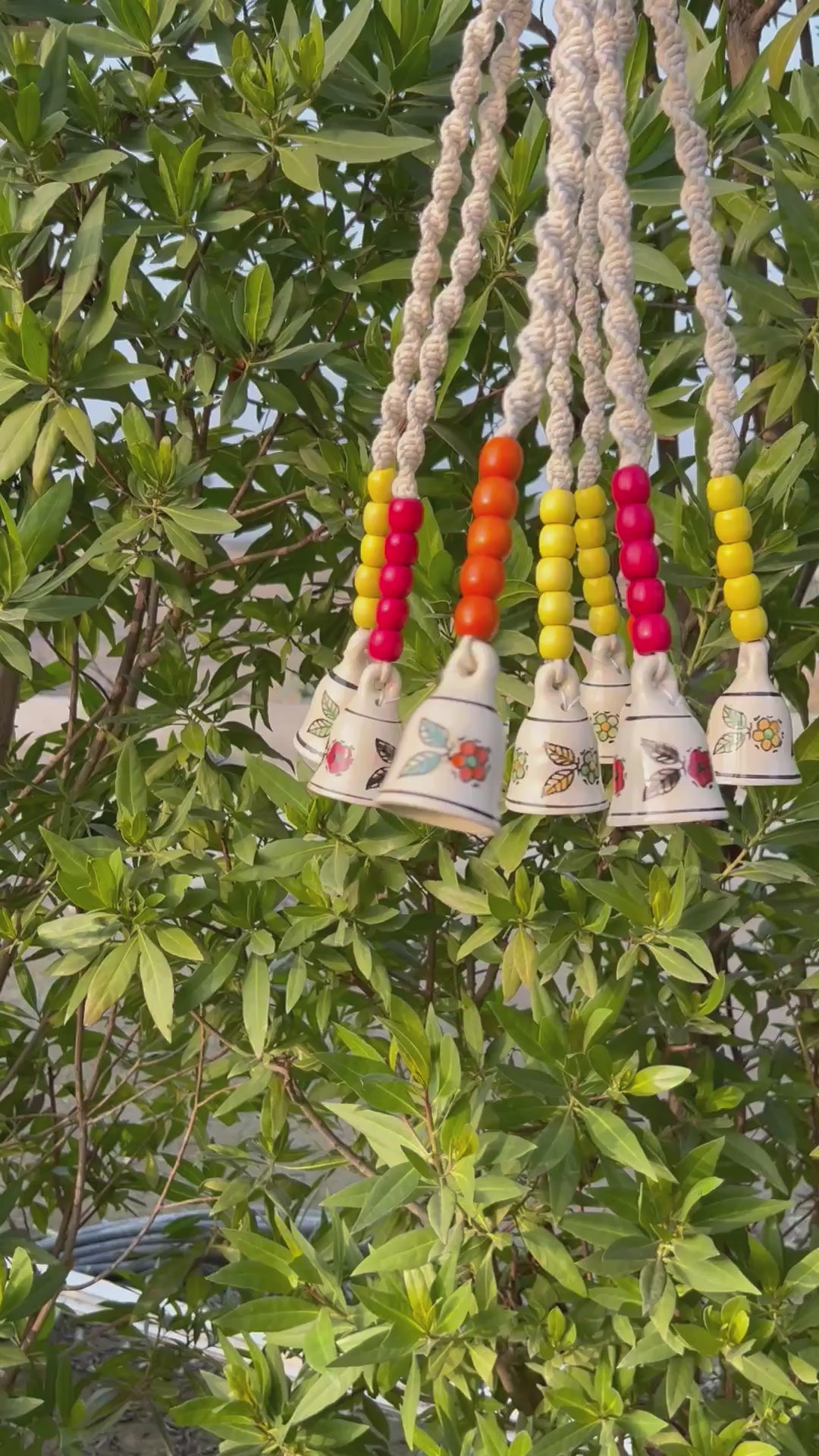 Small Temple Bell Ceramic Macrame Bells with Wooden Beads