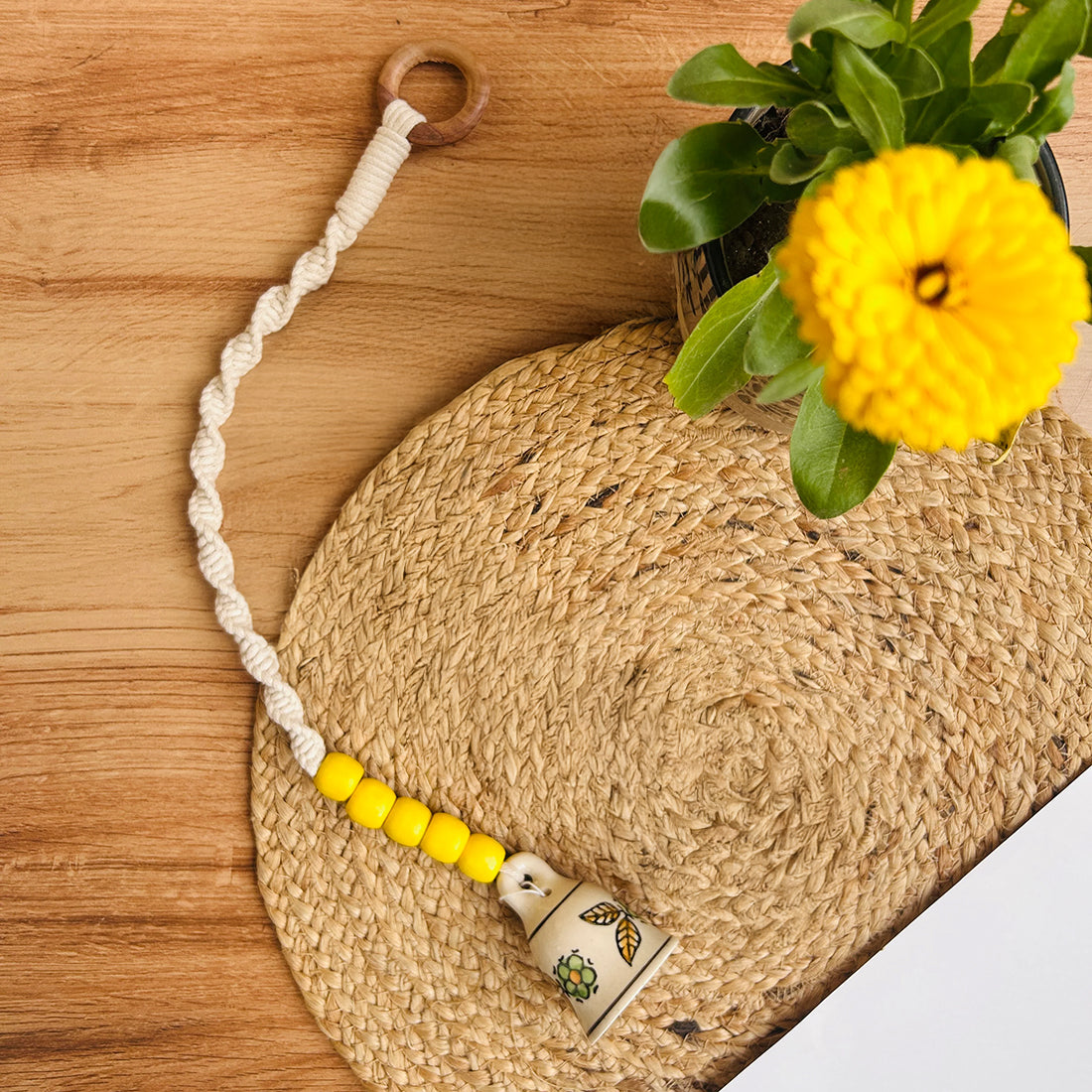Small Temple Bell Ceramic Macrame Bells with Wooden Beads